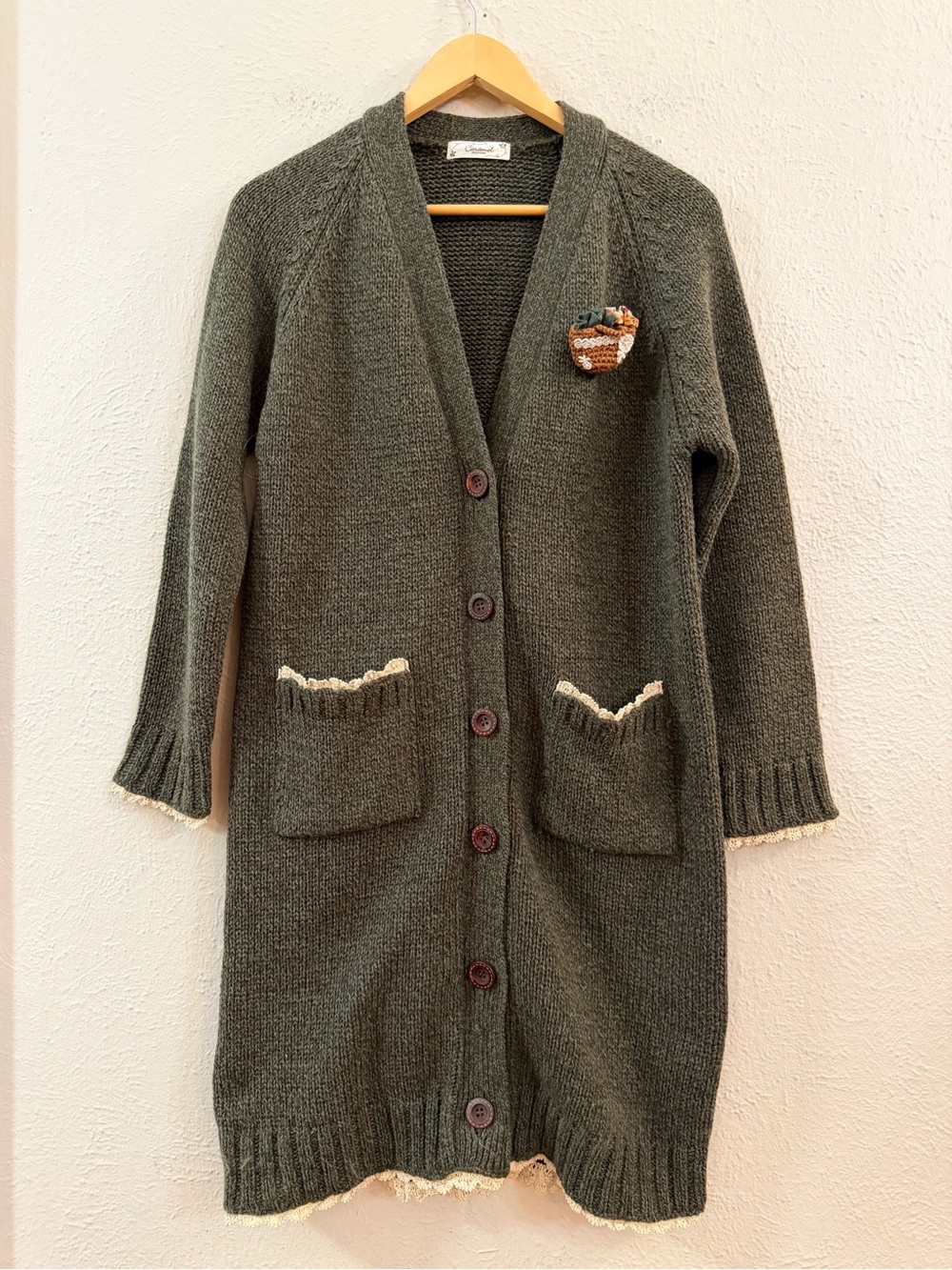 Caramel olive green boho long cardigan - Picture 3 of 8